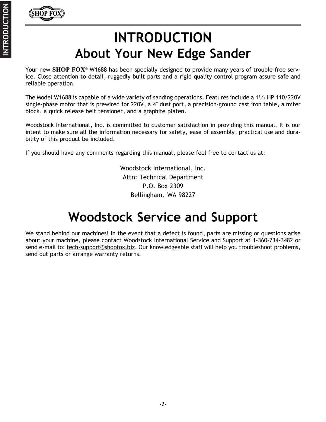 Woodstock W1688 instruction manual Introduction, About Your New Edge Sander, Woodstock Service and Support 