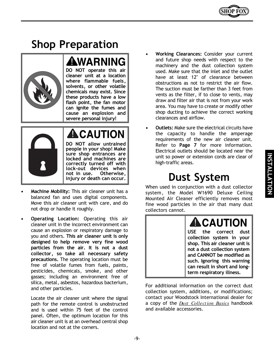 Woodstock W1690 instruction manual Shop Preparation, Dust System 