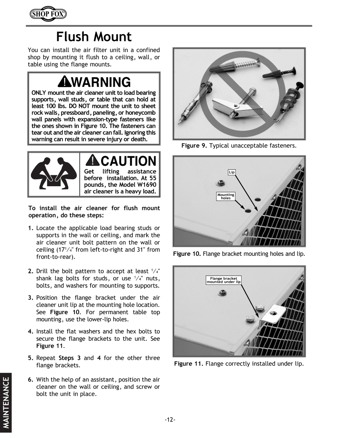 Woodstock W1690 instruction manual Flush Mount, Typical unacceptable fasteners 