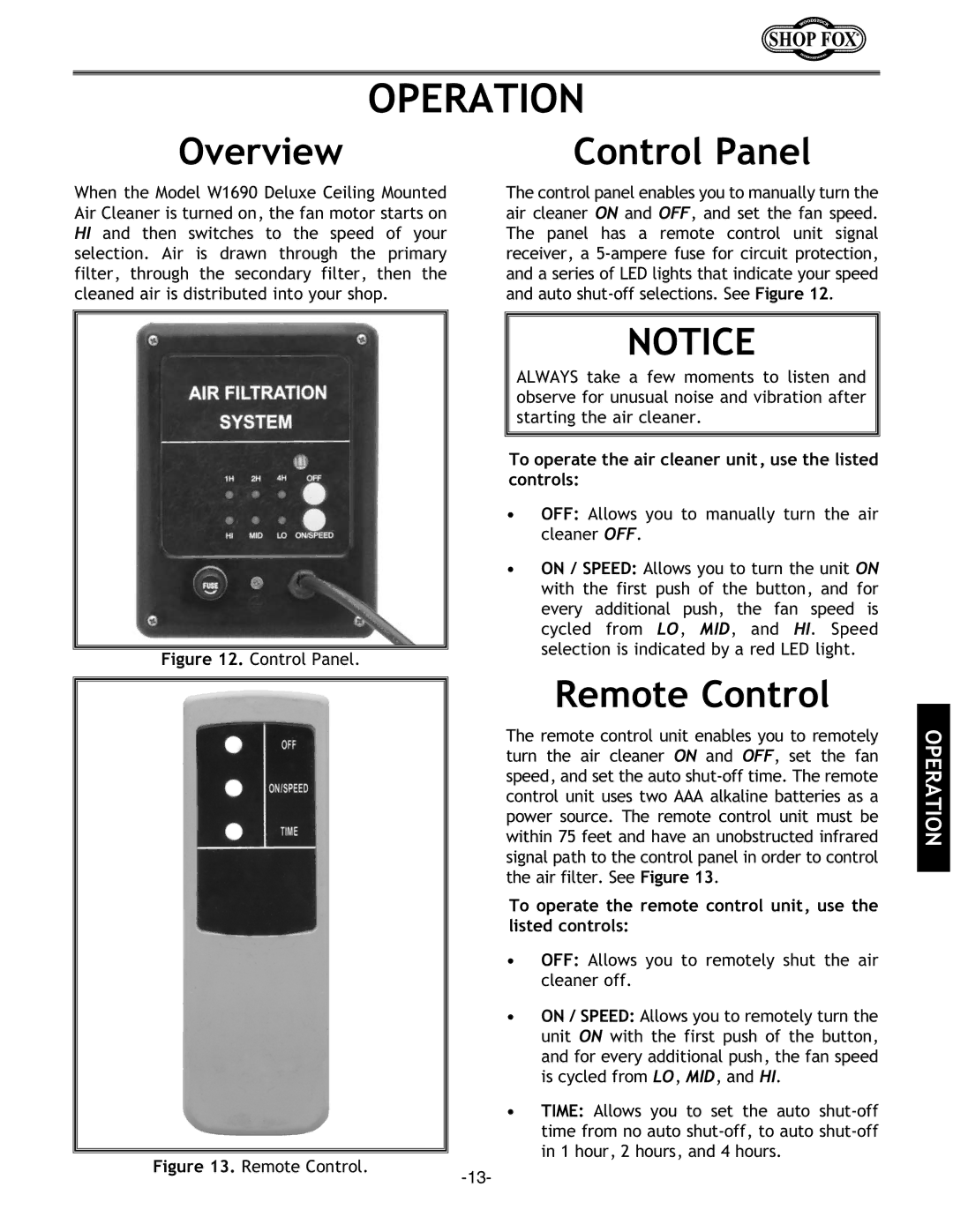 Woodstock W1690 instruction manual Operation, Overview, Control Panel, Remote Control 