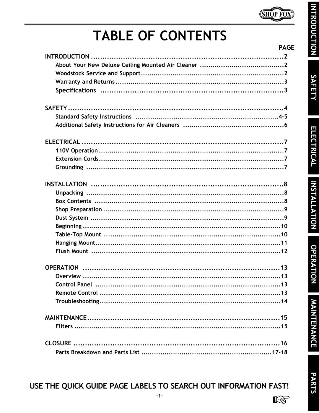 Woodstock W1690 instruction manual Table of Contents 