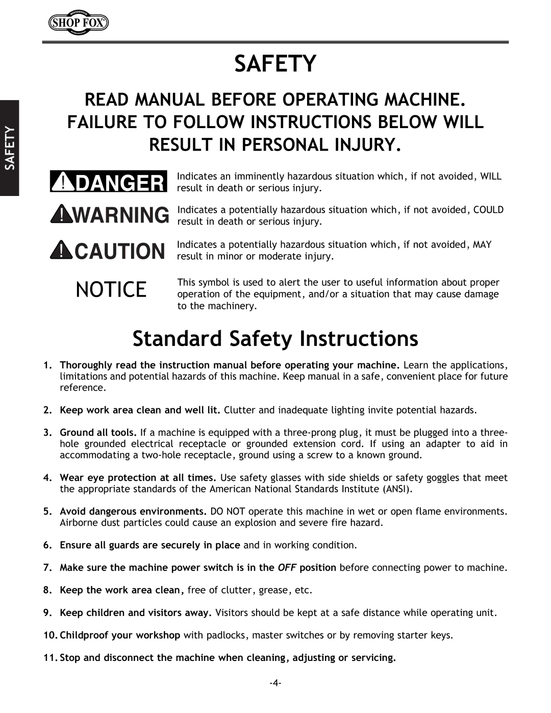 Woodstock W1690 instruction manual Standard Safety Instructions 