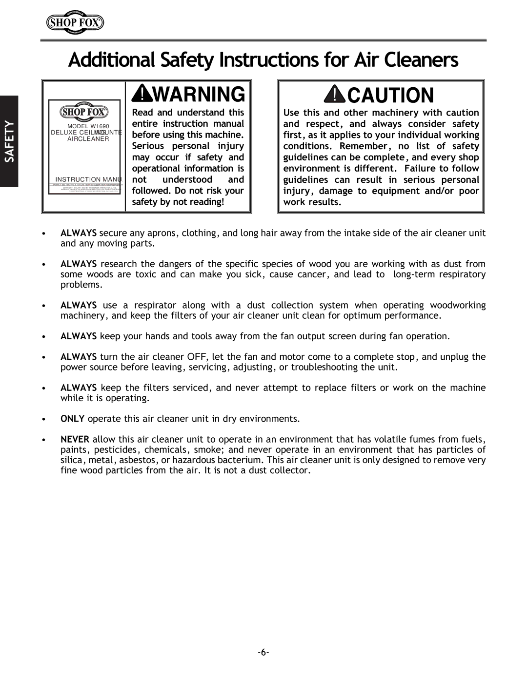 Woodstock W1690 instruction manual Additional Safety Instructions for Air Cleaners, AIR Cleaner 