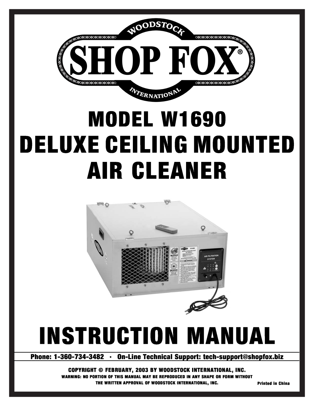 Woodstock instruction manual Air Cleaner, MODEL W1690, Deluxe Ceiling Mounted 