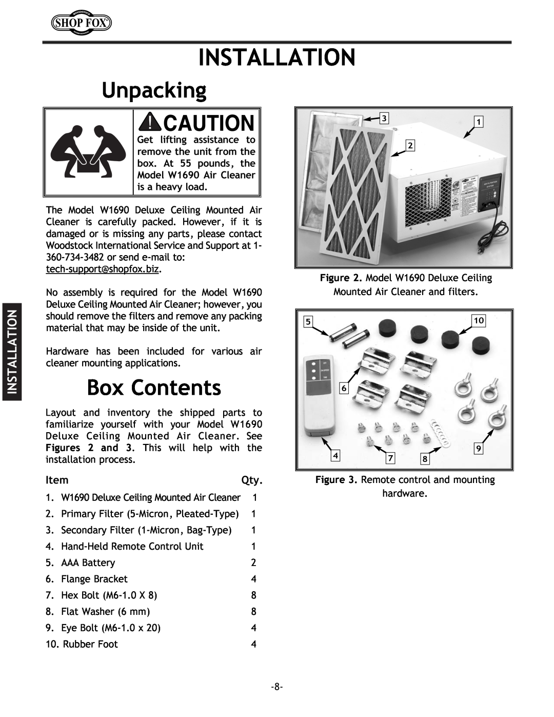 Woodstock W1690 instruction manual Installation, Unpacking, Box Contents 