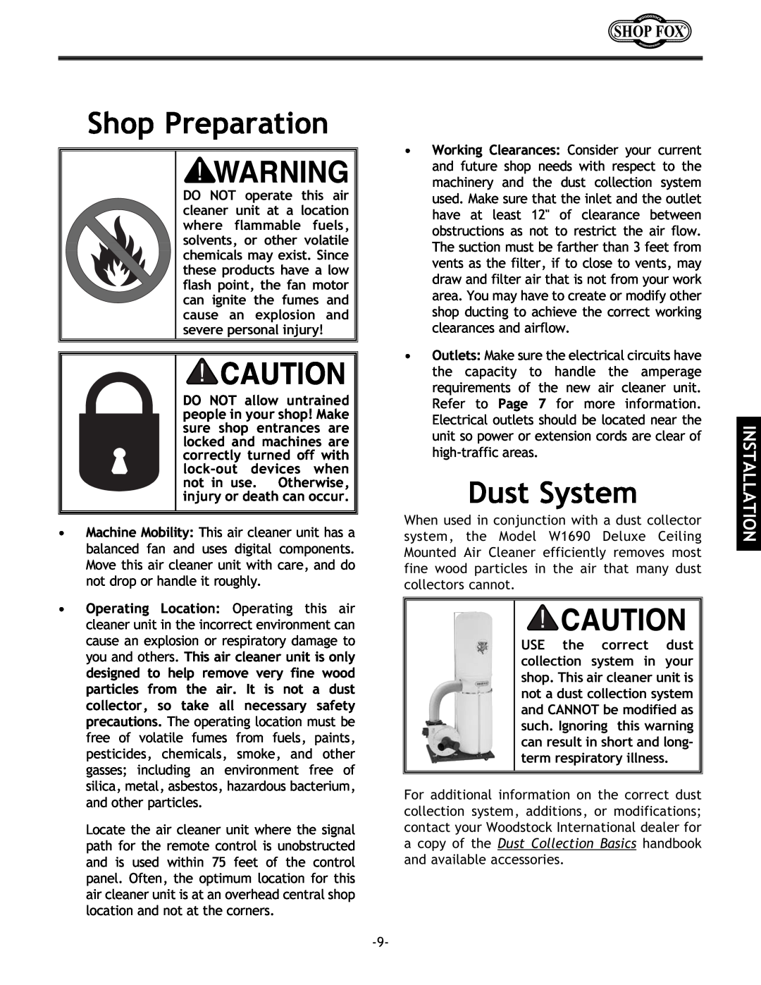 Woodstock W1690 instruction manual Shop Preparation, Dust System, Installation 