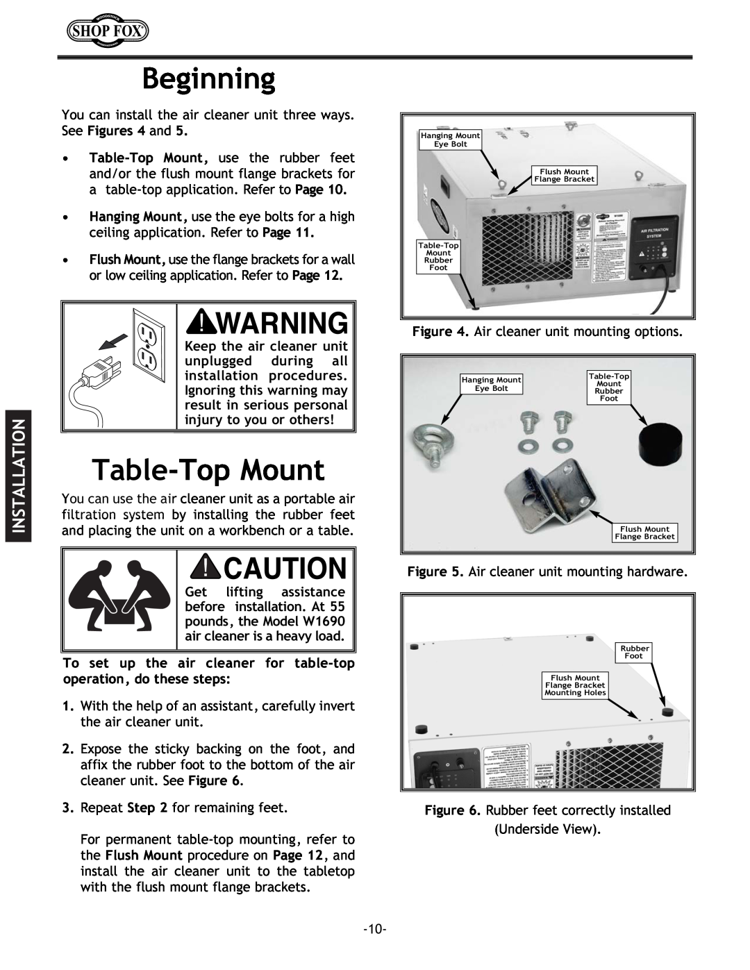 Woodstock W1690 instruction manual Beginning, Table-TopMount, Installation 