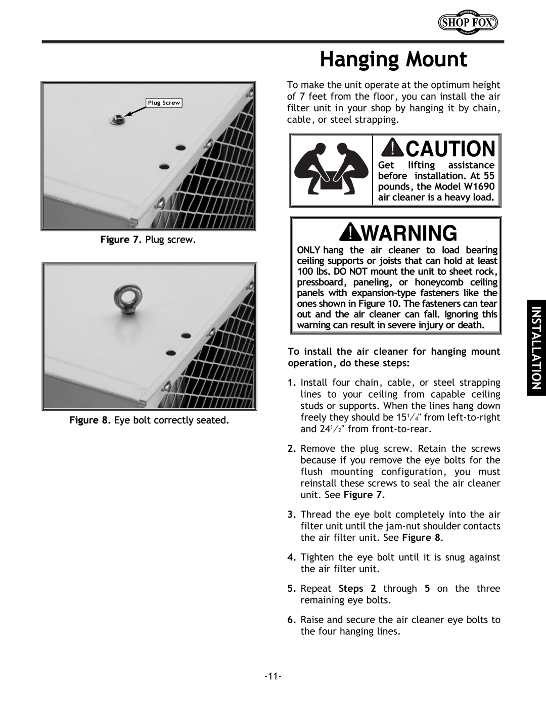 Woodstock W1690 instruction manual Hanging Mount, Installation 
