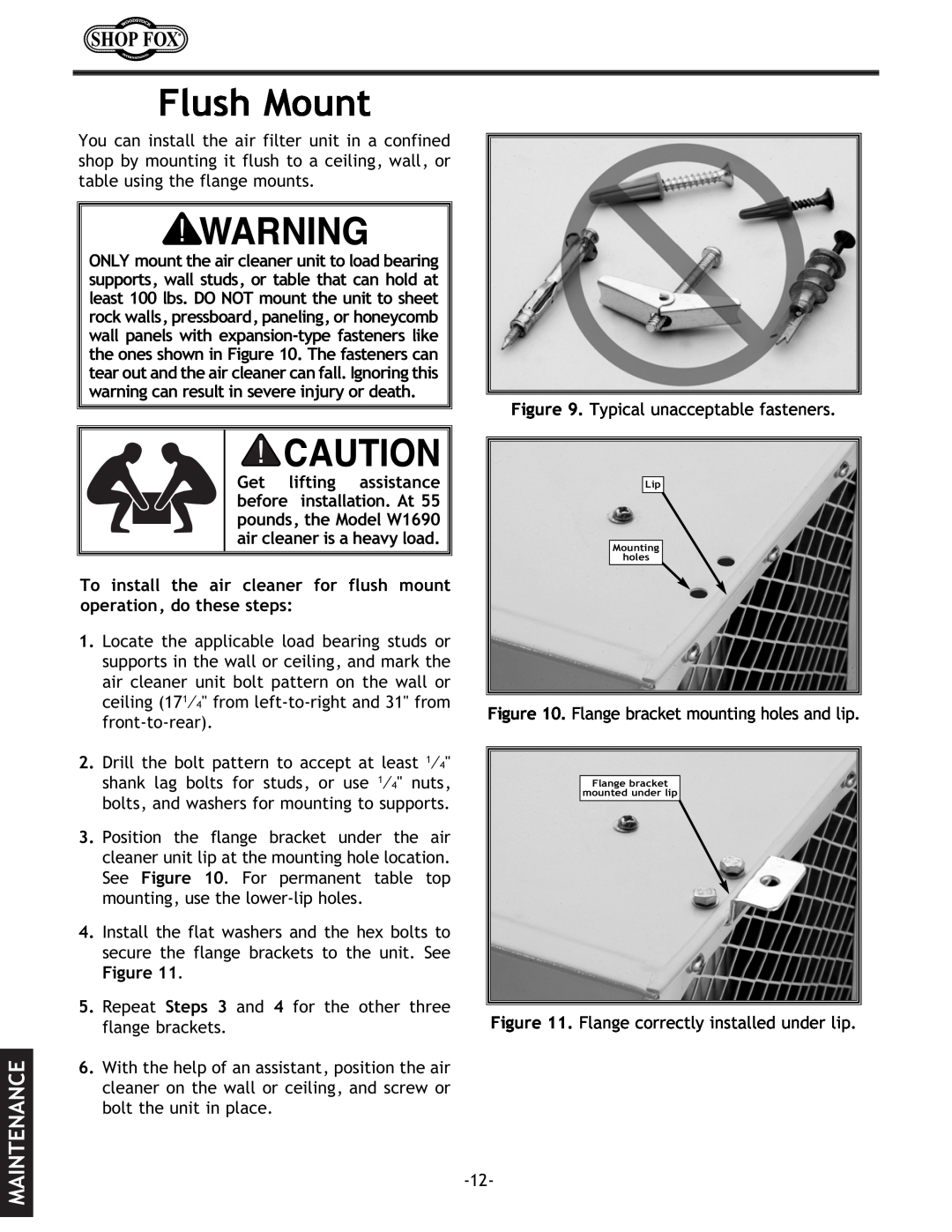 Woodstock W1690 instruction manual Flush Mount, Maintenance 