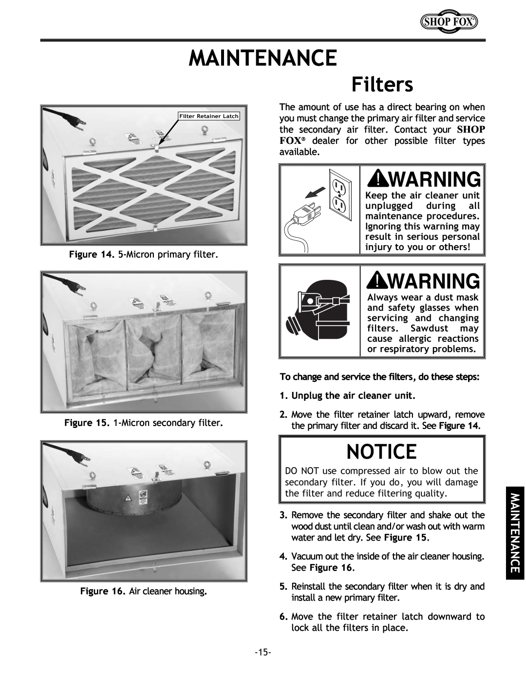 Woodstock W1690 instruction manual Maintenance, Filters 