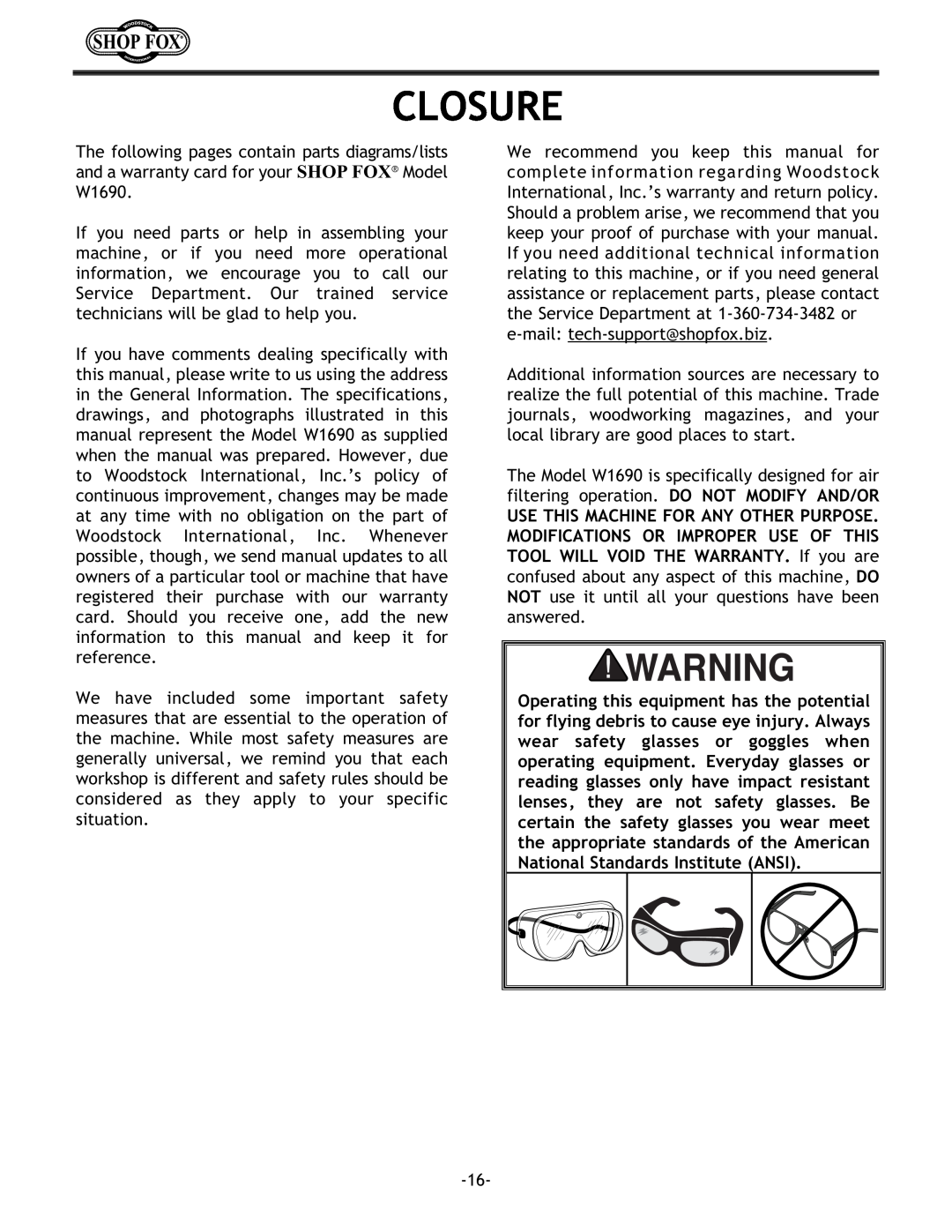 Woodstock W1690 instruction manual Closure 