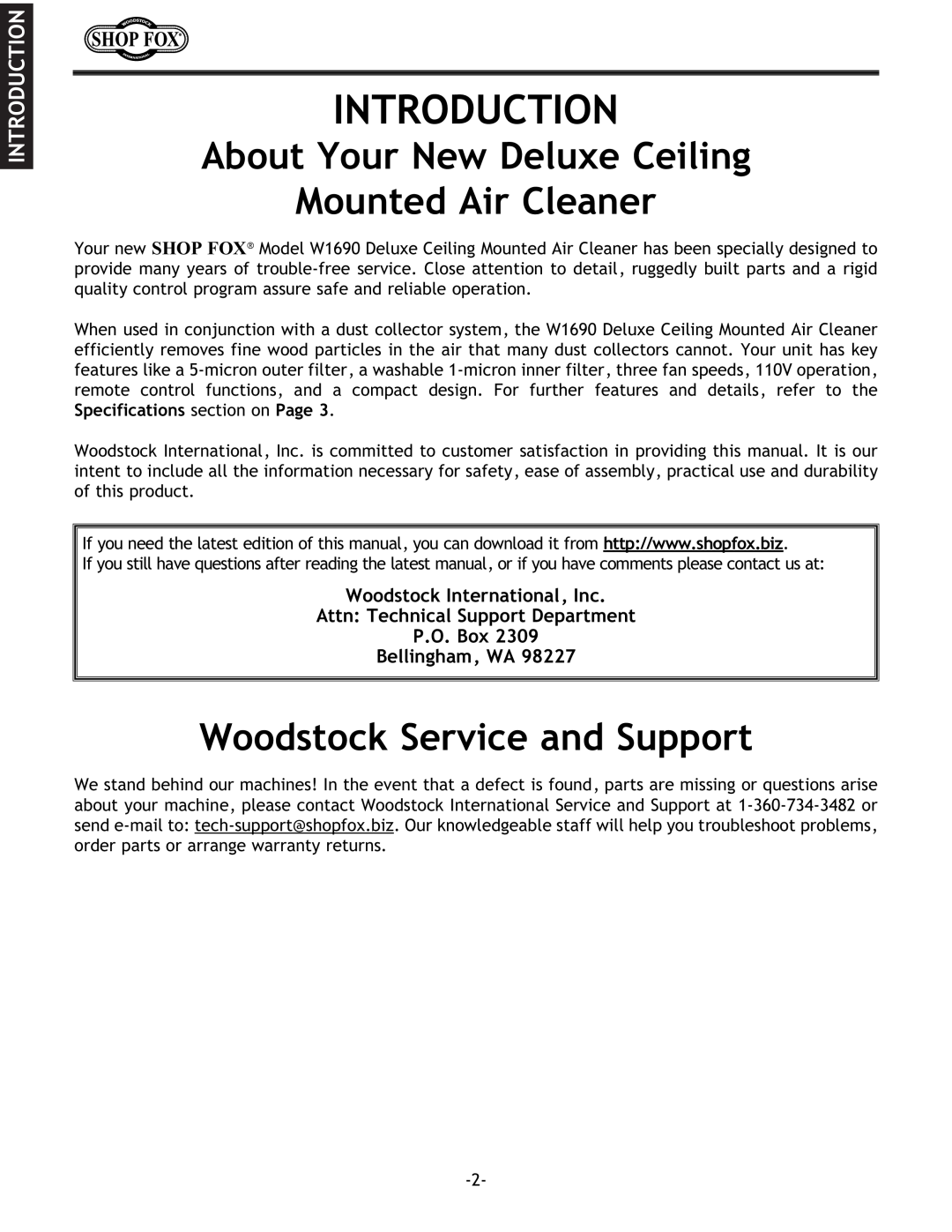 Woodstock W1690 Introduction, About Your New Deluxe Ceiling Mounted Air Cleaner, Woodstock Service and Support 