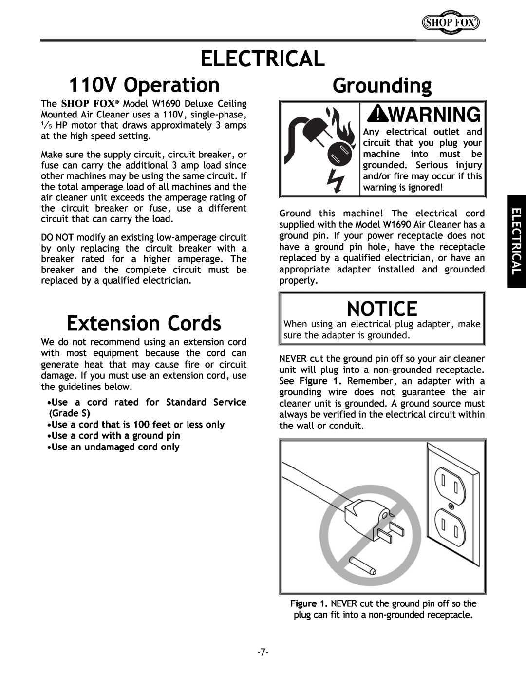 Woodstock W1690 instruction manual Electrical, 110V Operation, Grounding, Extension Cords 