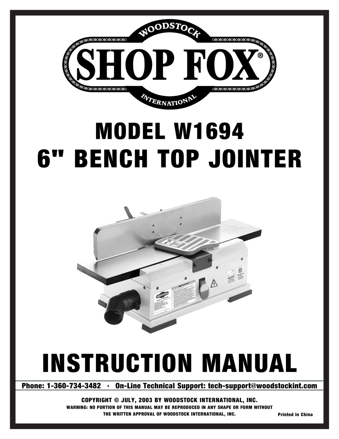 Woodstock W1694 instruction manual Bench TOP Jointer 