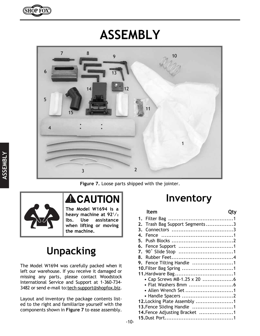 Woodstock W1694 instruction manual Assembly, Unpacking, Inventory 