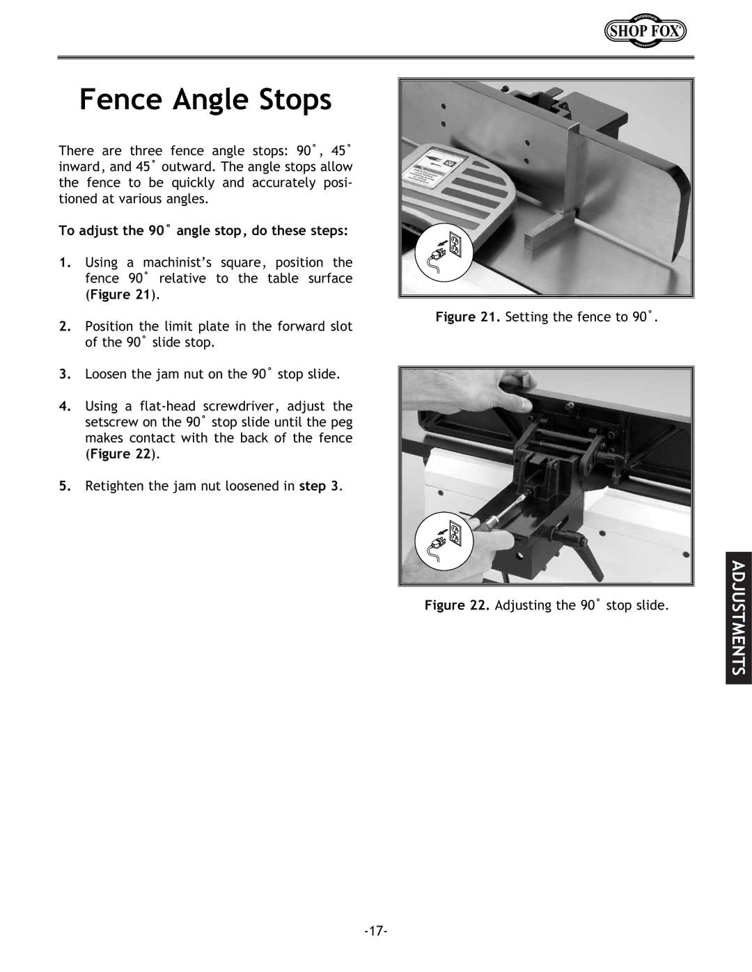 Woodstock W1694 instruction manual Fence Angle Stops, Setting the fence to 90˚ 