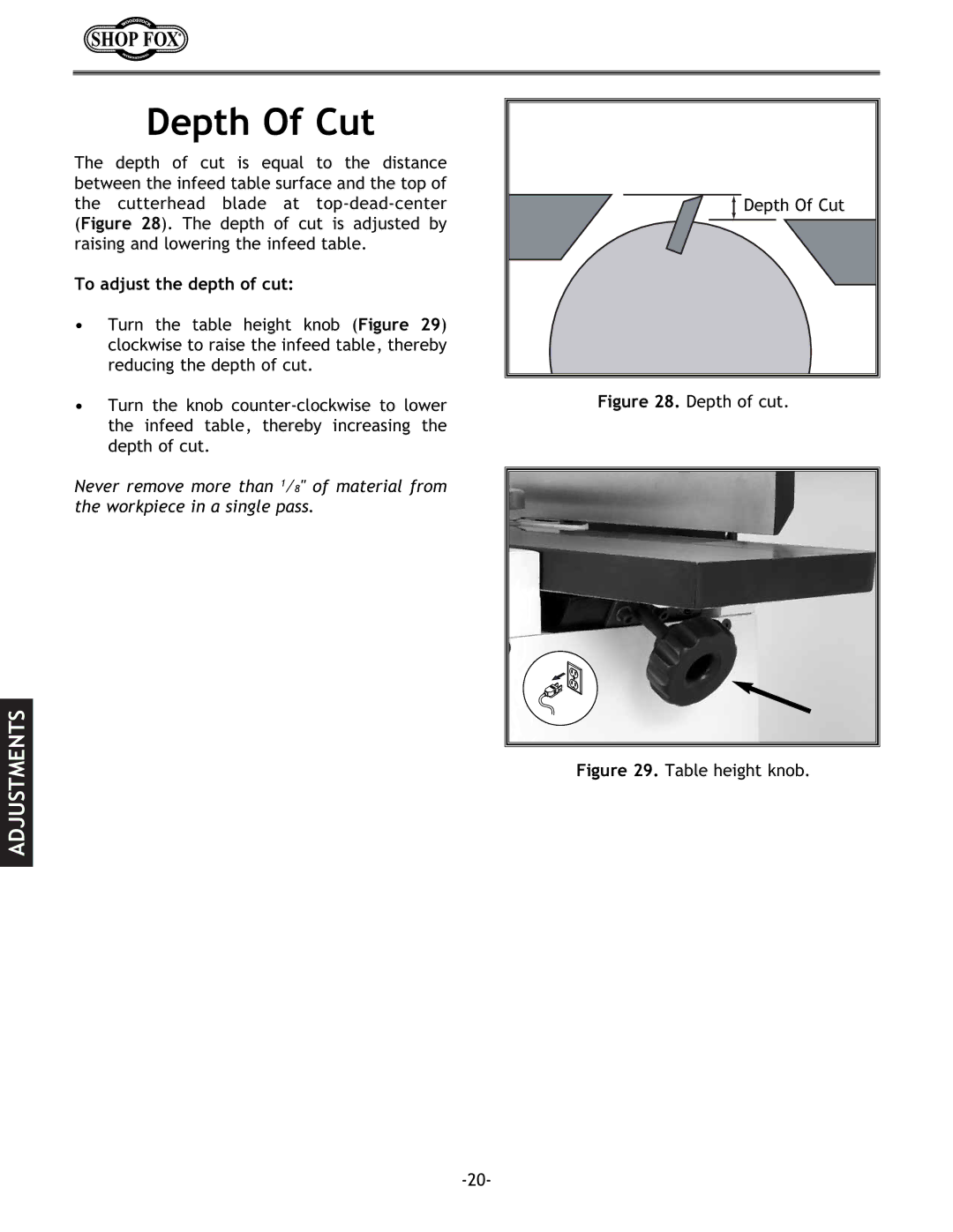 Woodstock W1694 instruction manual Depth Of Cut, To adjust the depth of cut 