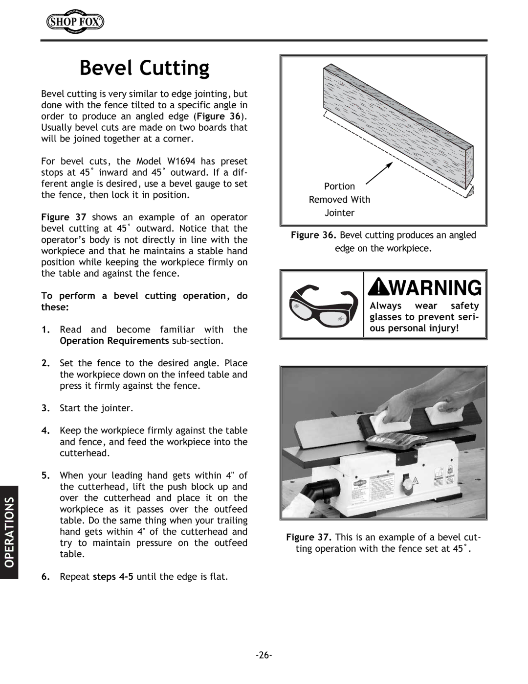 Woodstock W1694 instruction manual Bevel Cutting, To perform a bevel cutting operation, do these 