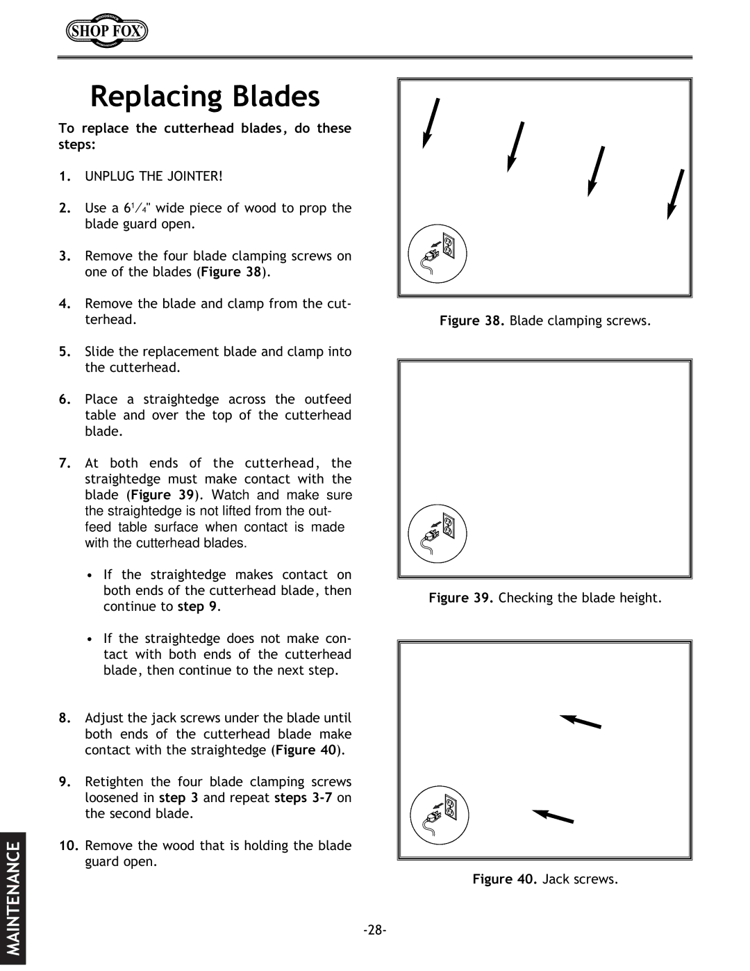 Woodstock W1694 instruction manual Replacing Blades, To replace the cutterhead blades, do these steps 