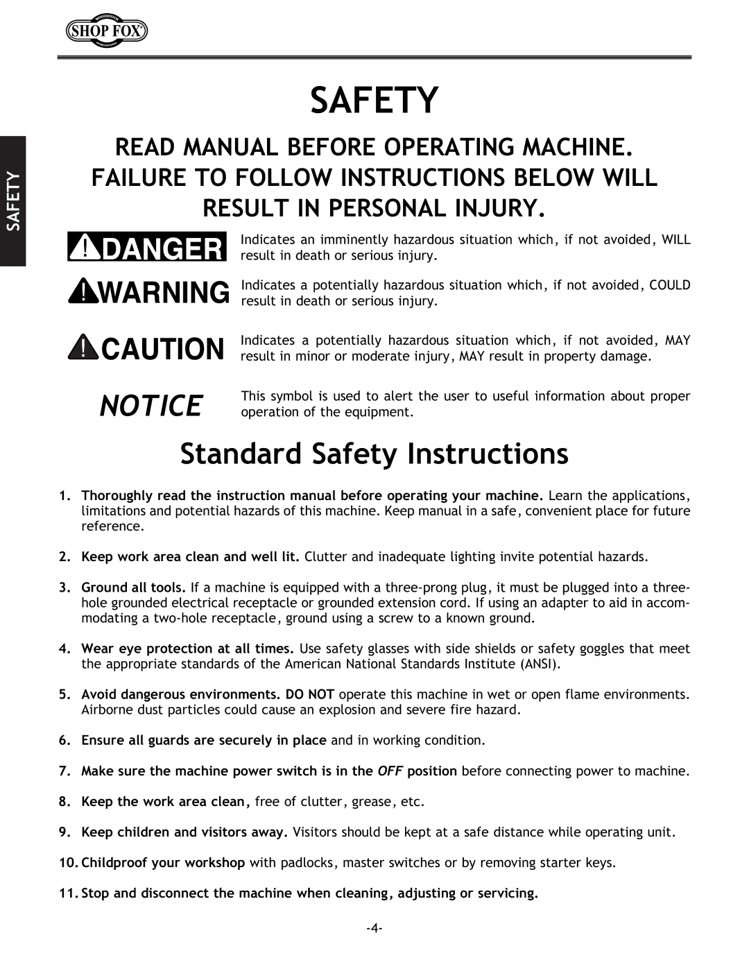 Woodstock W1694 instruction manual Standard Safety Instructions 