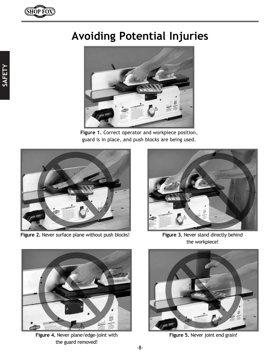 Woodstock W1694 instruction manual Avoiding Potential Injuries, Never surface plane without push blocks 