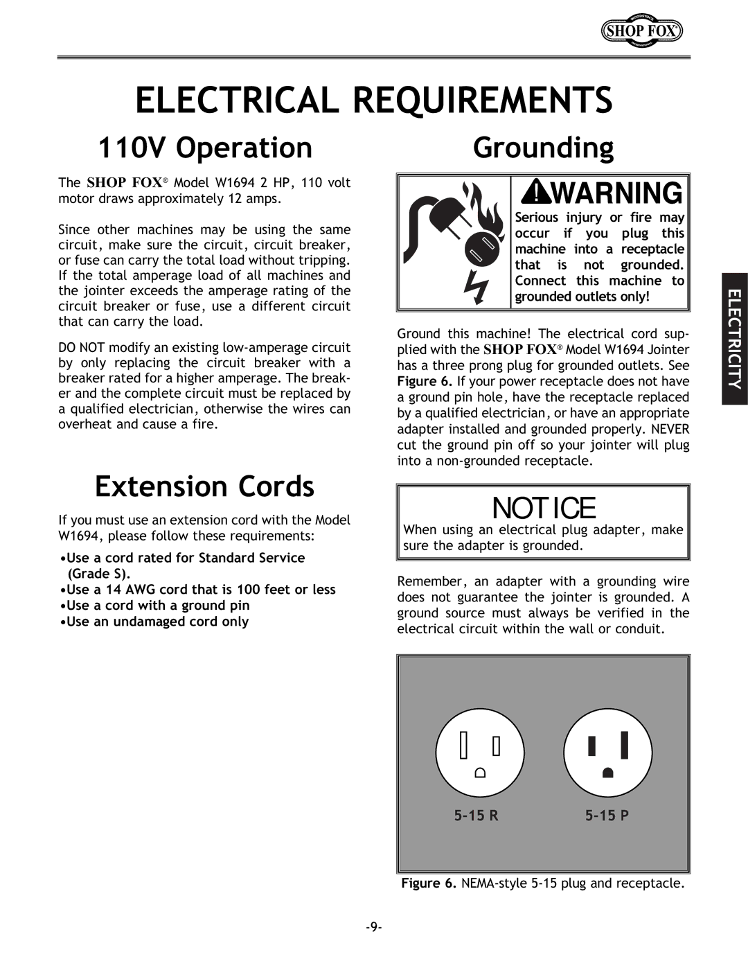 Woodstock W1694 instruction manual Electrical Requirements, 110V Operation, Grounding, Extension Cords 