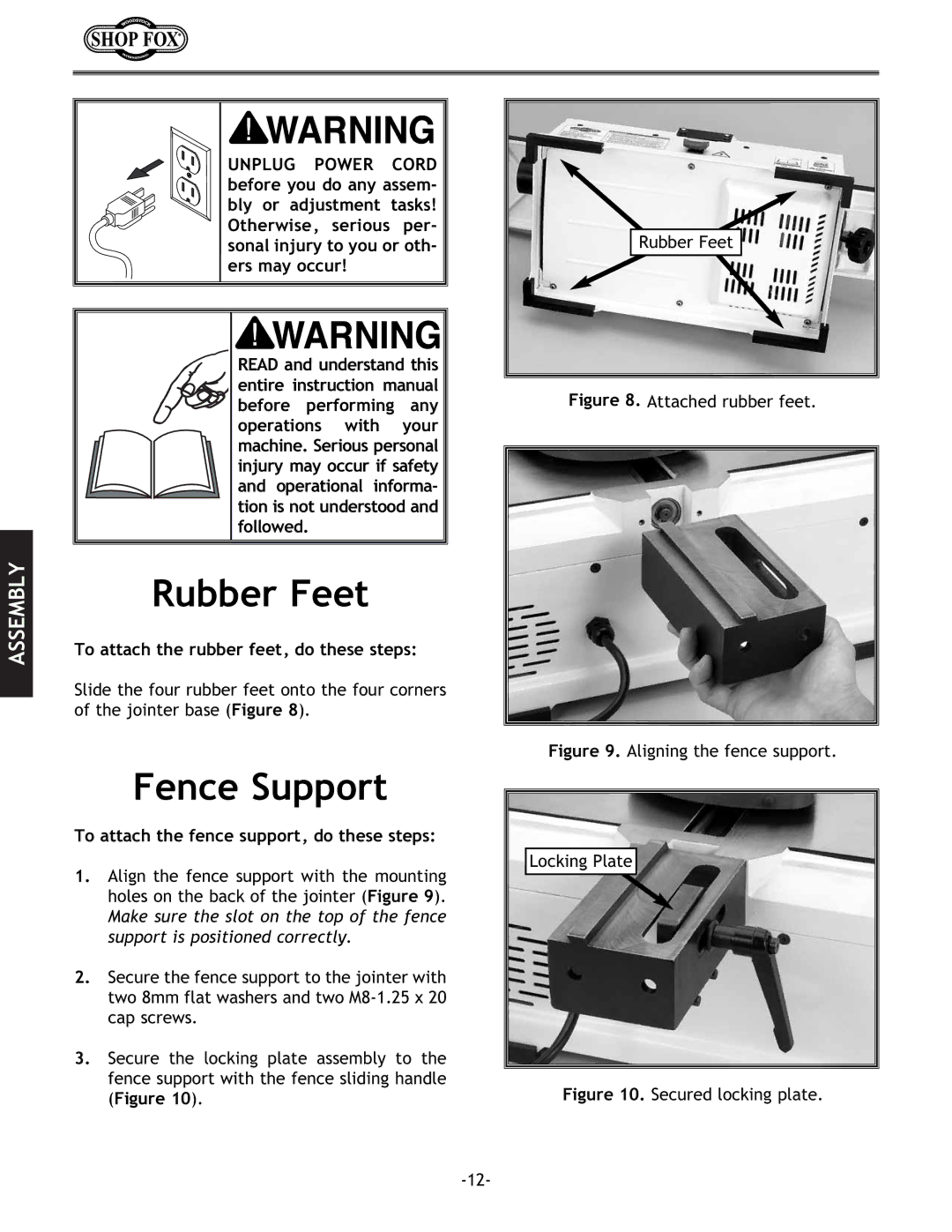 Woodstock W1694 instruction manual Rubber Feet, Fence Support, To attach the rubber feet, do these steps 