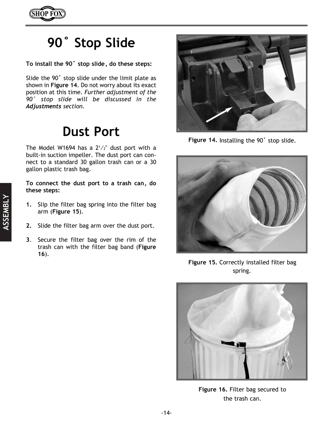 Woodstock W1694 instruction manual 90˚ Stop Slide, Dust Port, To install the 90˚ stop slide, do these steps 