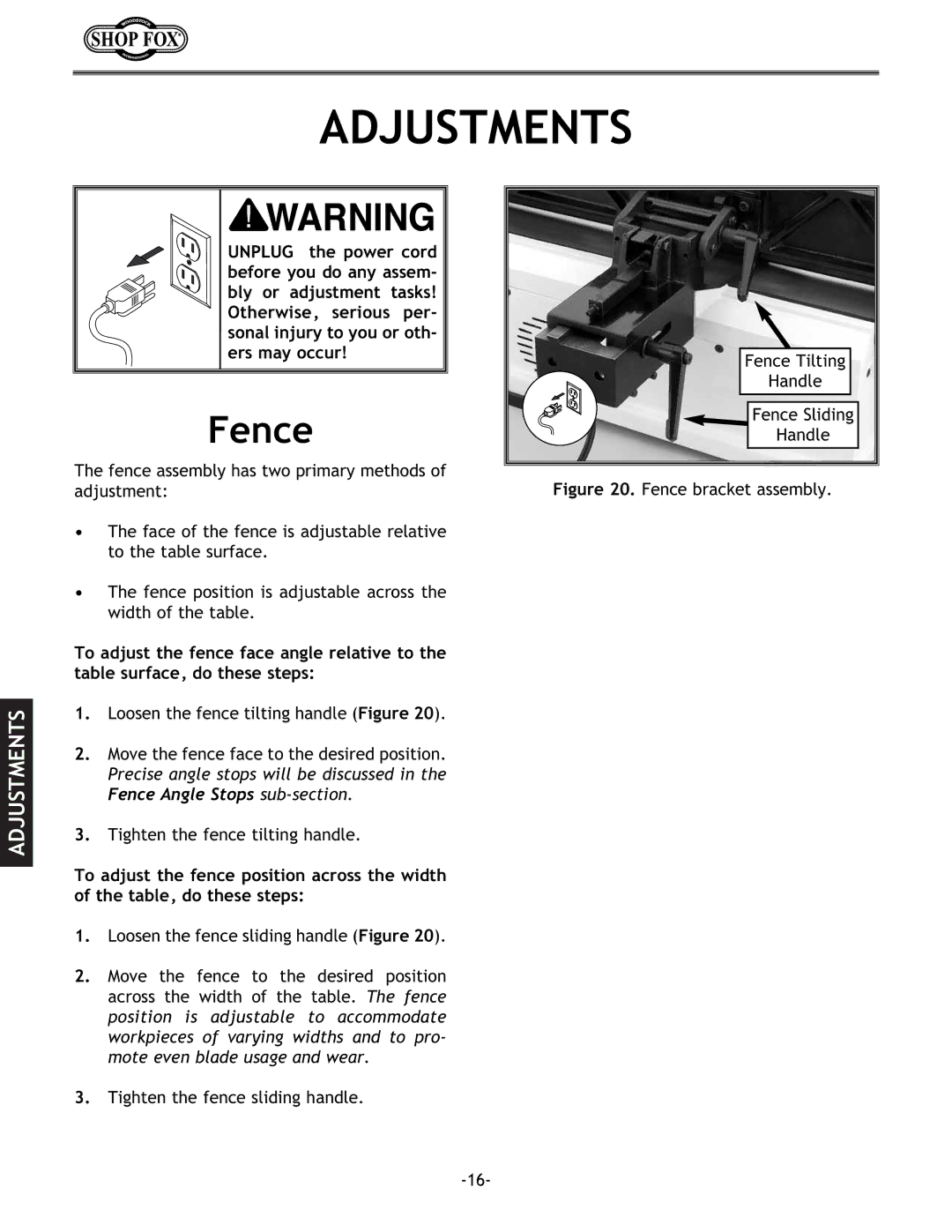 Woodstock W1694 instruction manual Adjustments, Fence 