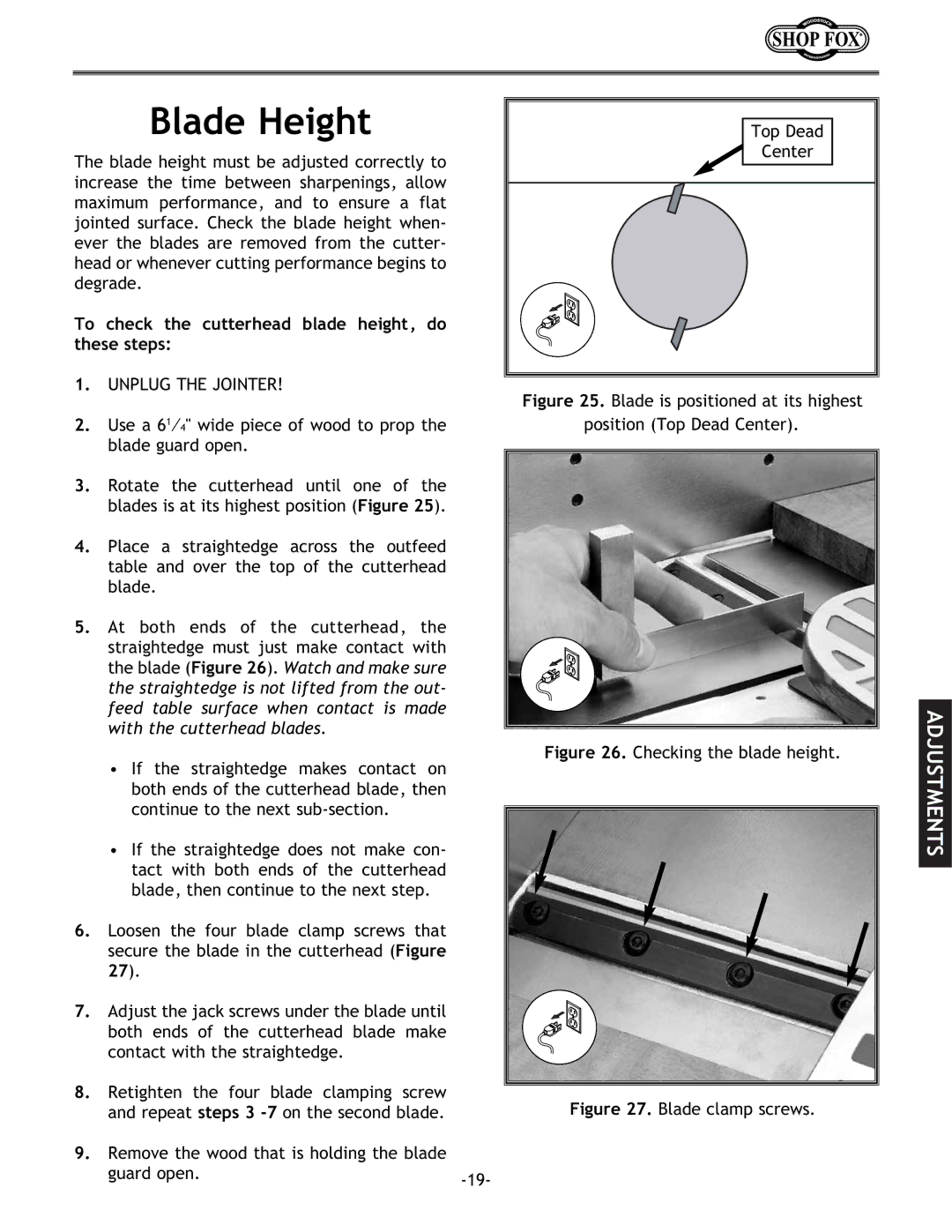 Woodstock W1694 instruction manual Blade Height, To check the cutterhead blade height, do these steps 