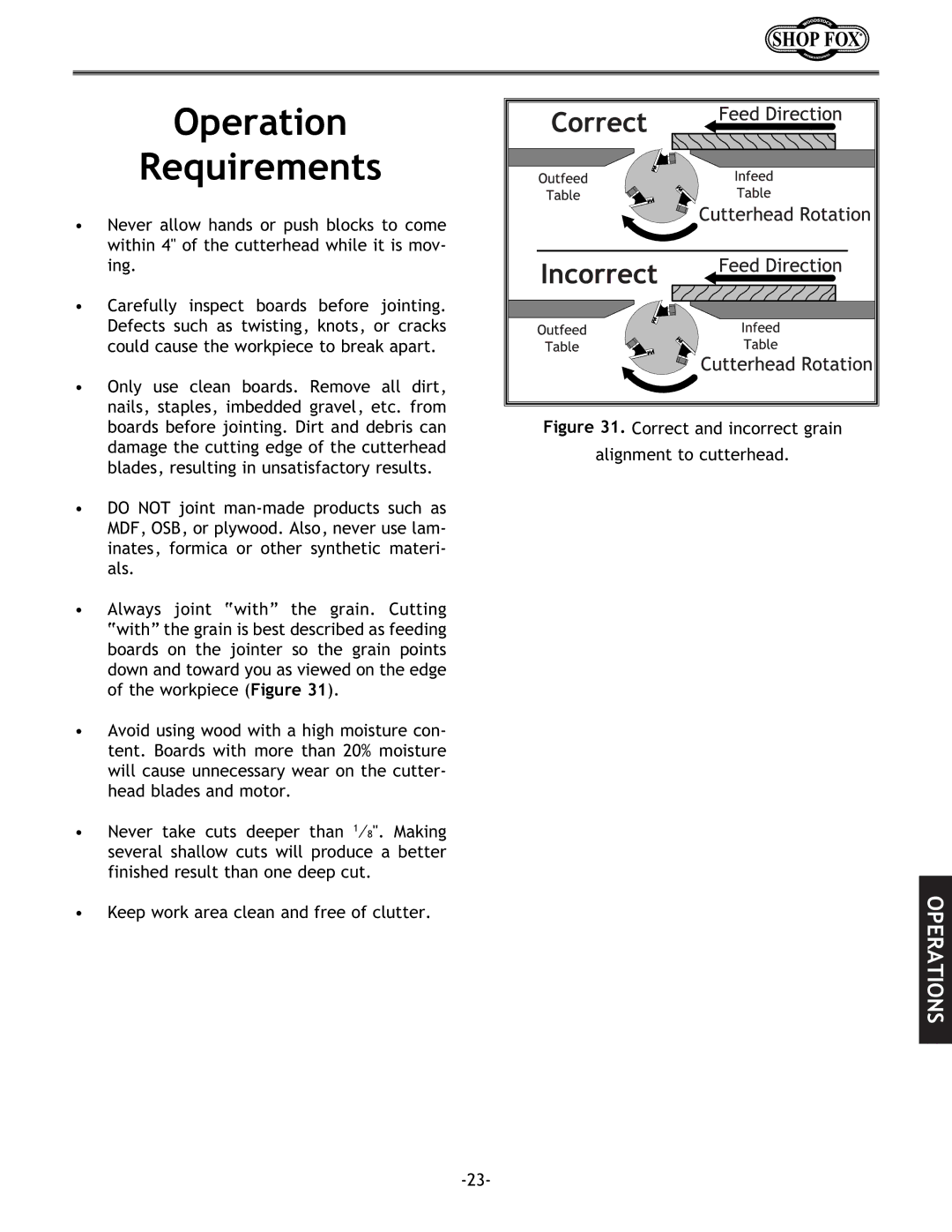 Woodstock W1694 instruction manual Operation Requirements, Correct and incorrect grain Alignment to cutterhead 