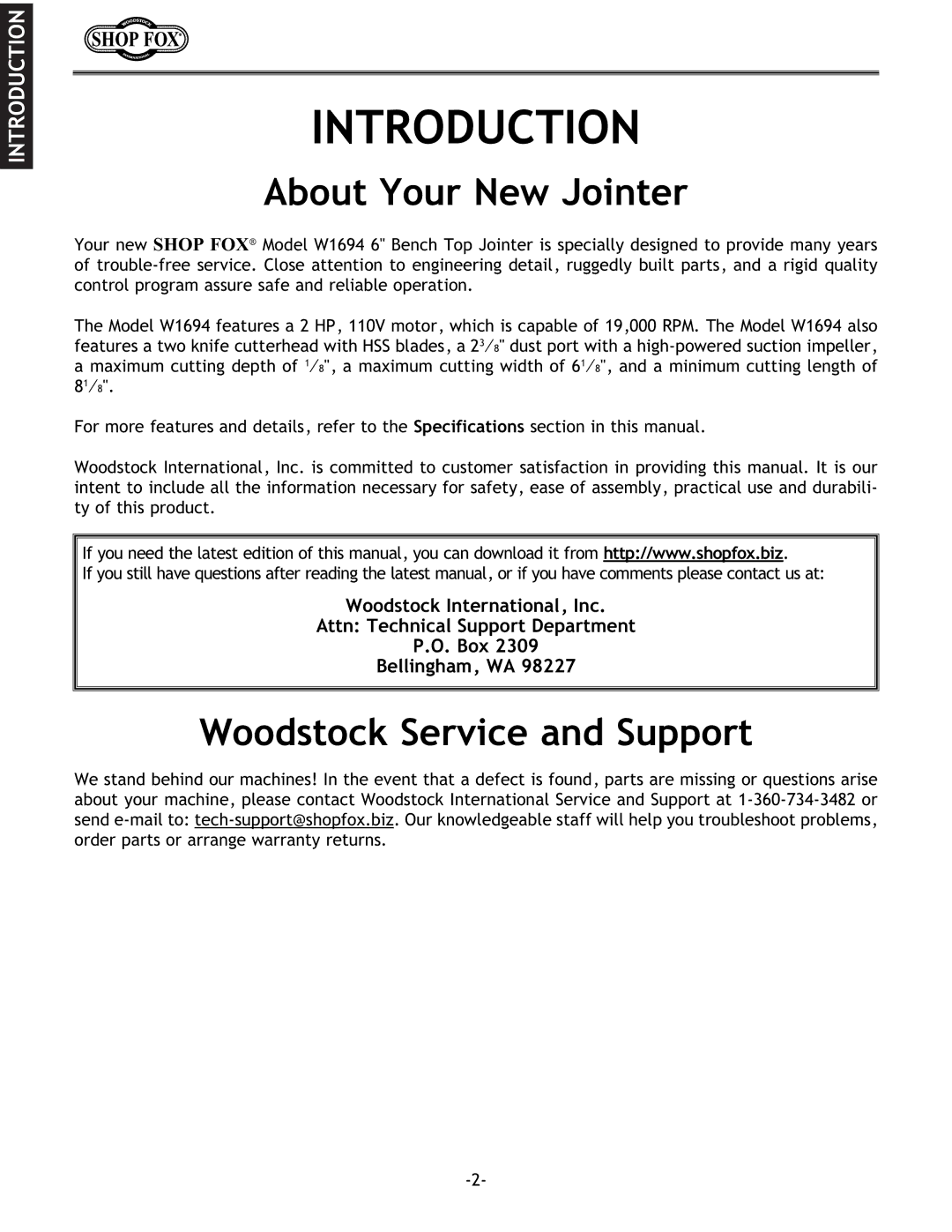 Woodstock W1694 instruction manual Introduction, About Your New Jointer, Woodstock Service and Support 