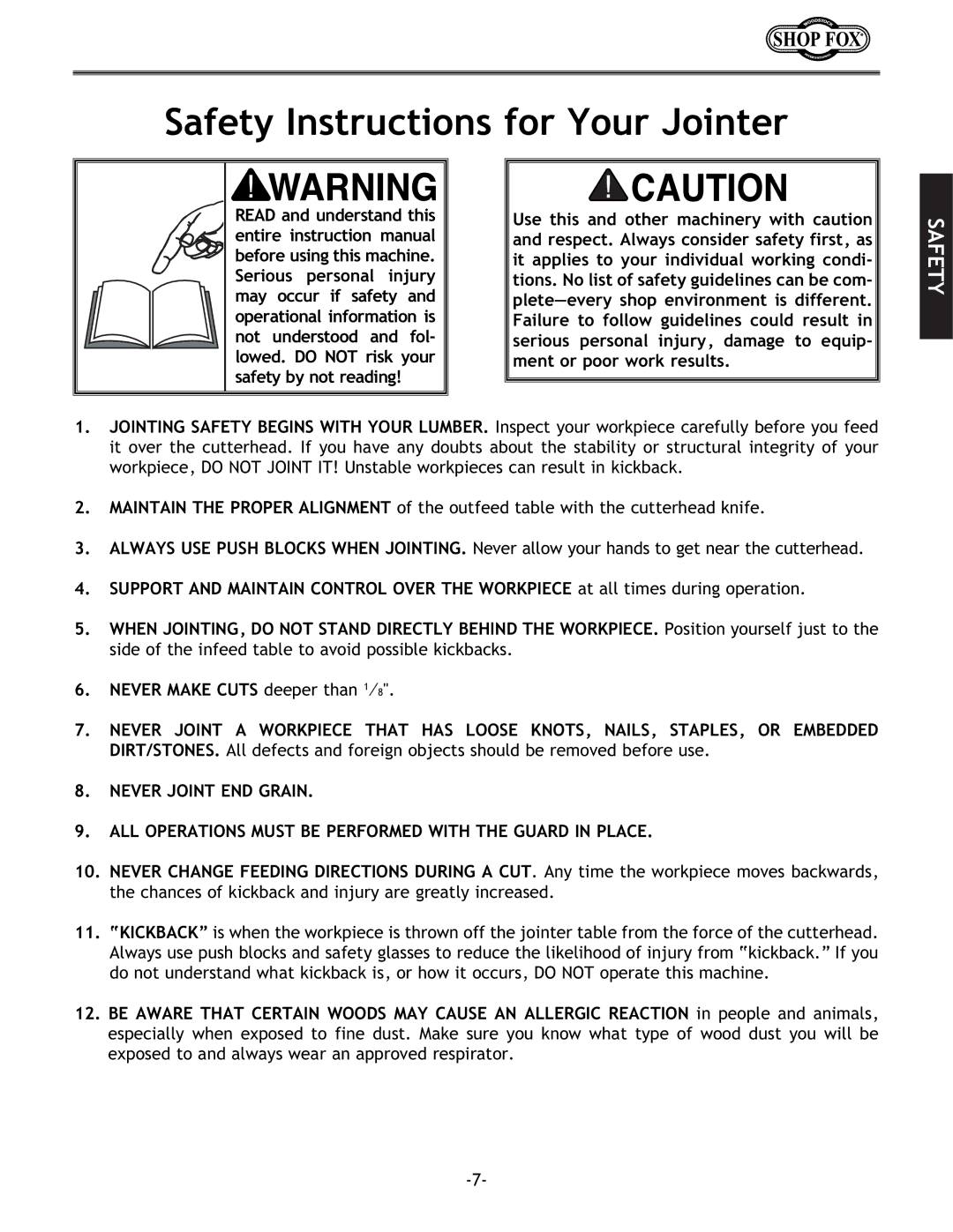 Woodstock W1694 instruction manual Safety Instructions for Your Jointer 