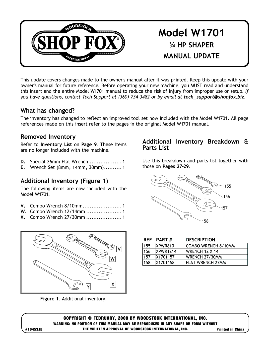 Woodstock owner manual Model W1701, PART# Description, Copyright FEBRUARY, 2008 by Woodstock INTERNATIONAL, INC 