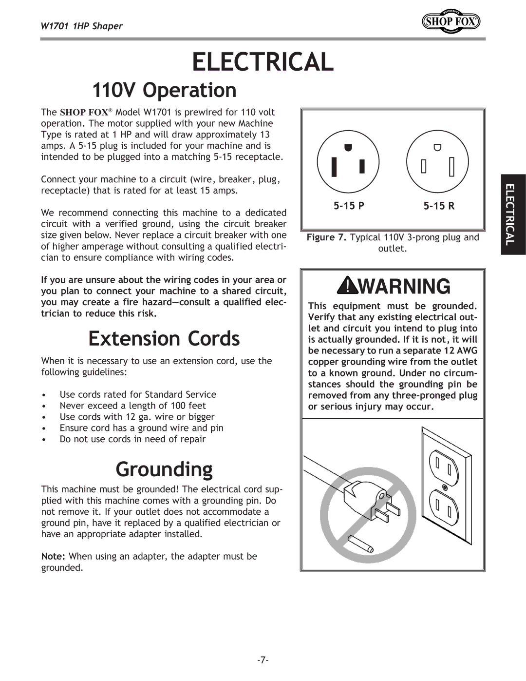 Woodstock W1701 owner manual Electrical, 110V Operation, Extension Cords, Grounding 