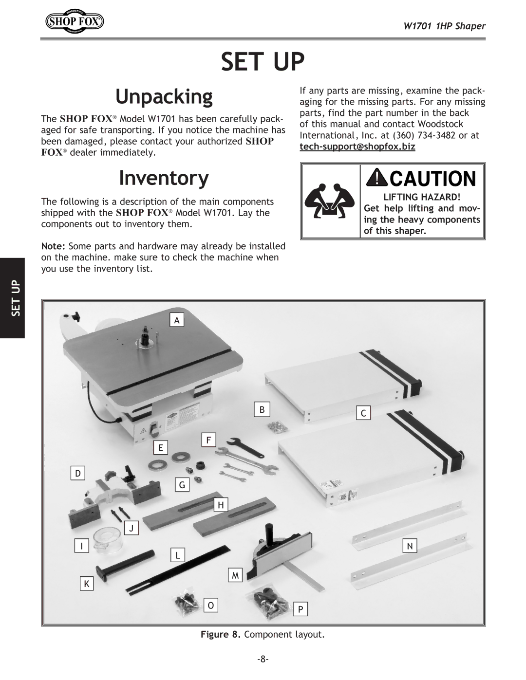 Woodstock W1701 owner manual Set Up, Unpacking, Inventory, Lifting Hazard 