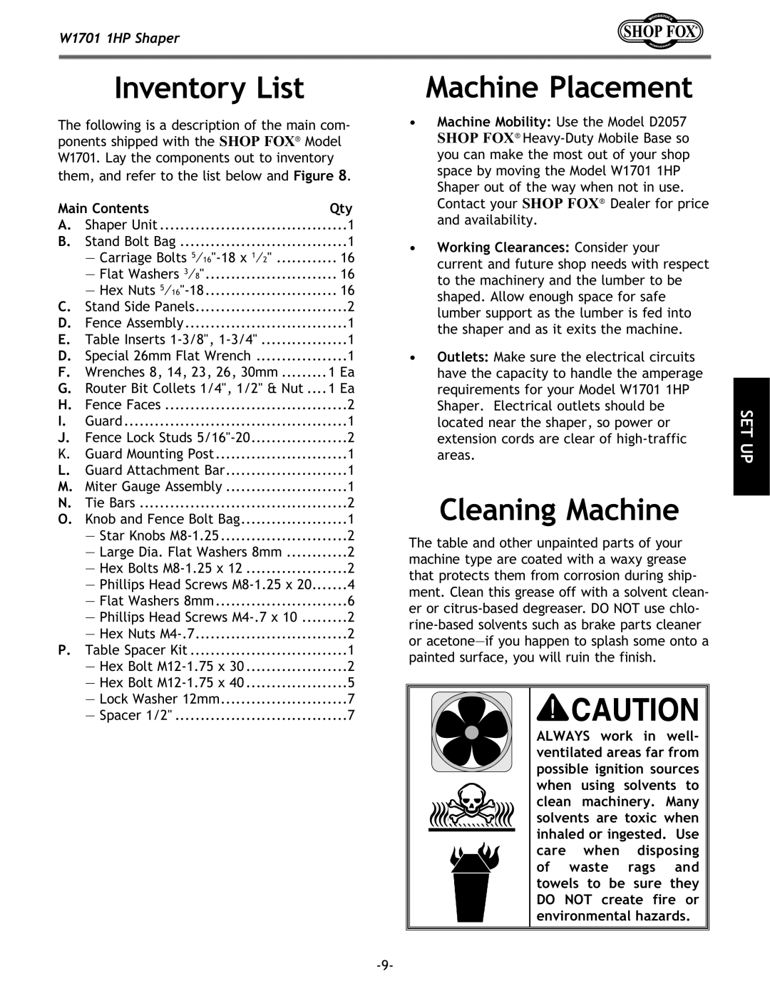 Woodstock W1701 owner manual Inventory List, Machine Placement, Cleaning Machine, Main Contents Qty 