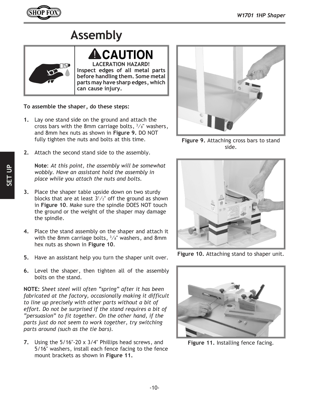 Woodstock W1701 owner manual Assembly, Laceration Hazard 