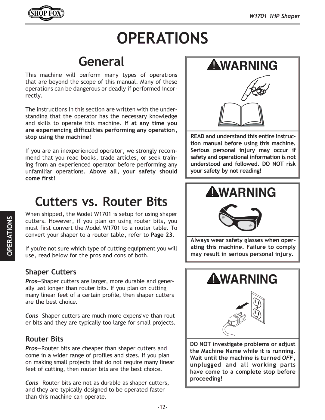 Woodstock W1701 owner manual Operations, General, Cutters vs. Router Bits 