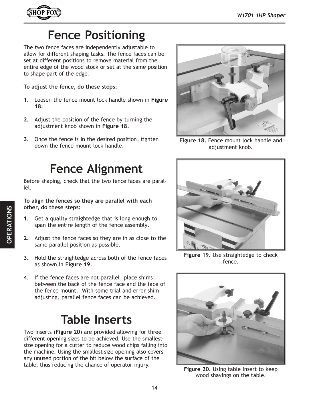 Woodstock W1701 owner manual Fence Positioning, Fence Alignment, Table Inserts 