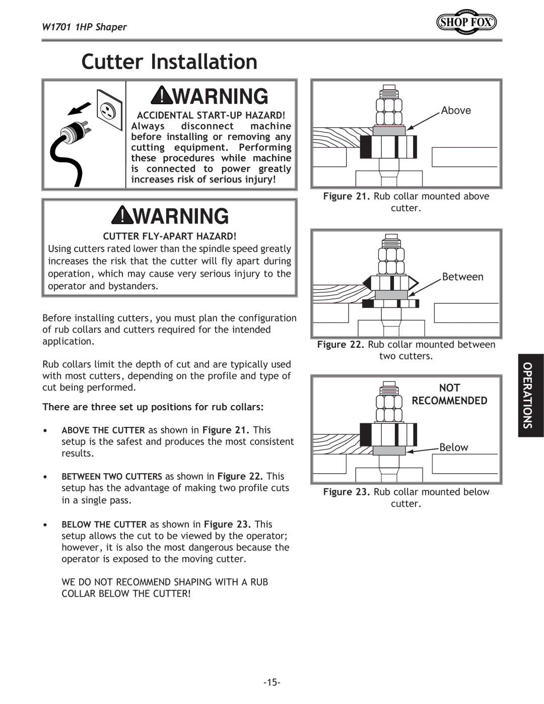 Woodstock W1701 owner manual Cutter Installation, Accidental START-UP Hazard, Cutter FLY-APART Hazard 