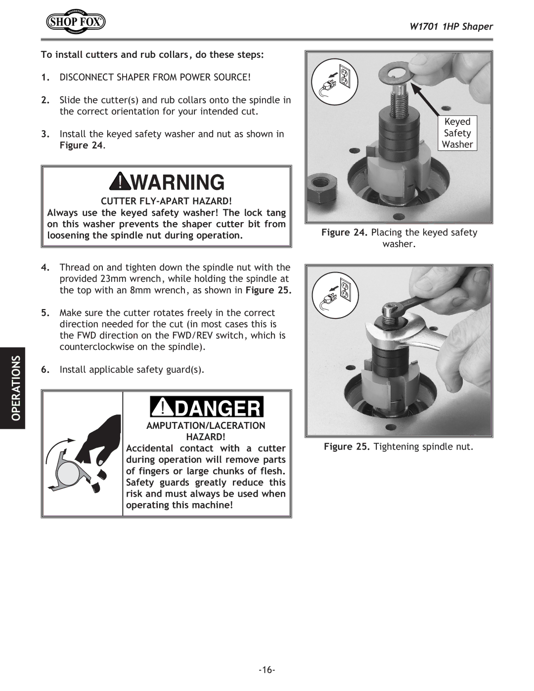 Woodstock W1701 owner manual To install cutters and rub collars, do these steps, AMPUTATION/LACERATION Hazard 