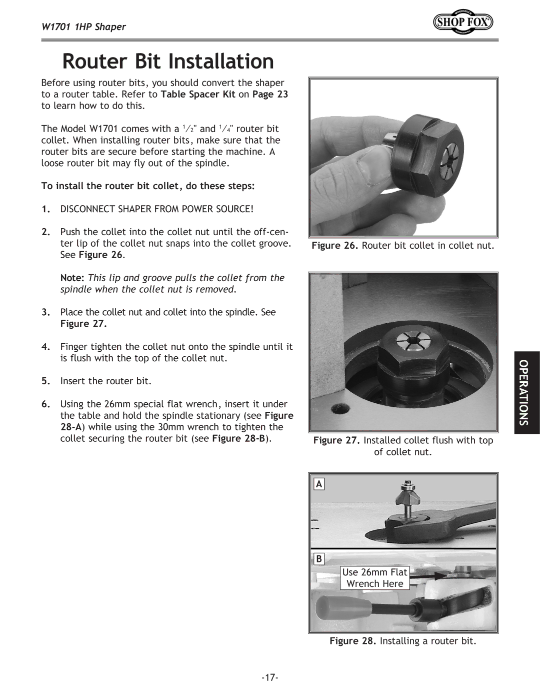 Woodstock W1701 owner manual Router Bit Installation, To install the router bit collet, do these steps 