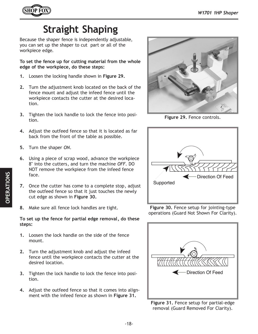 Woodstock W1701 owner manual Straight Shaping, To set up the fence for partial edge removal, do these steps 