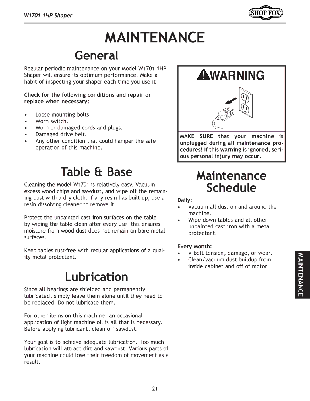 Woodstock W1701 owner manual Table & Base, Lubrication, Maintenance Schedule 