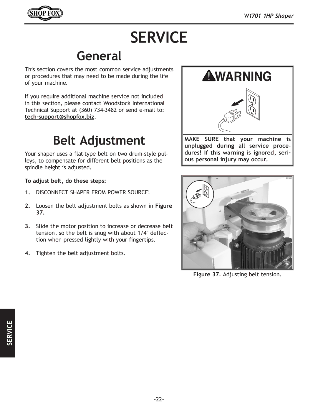 Woodstock W1701 owner manual Service, Belt Adjustment, To adjust belt, do these steps 