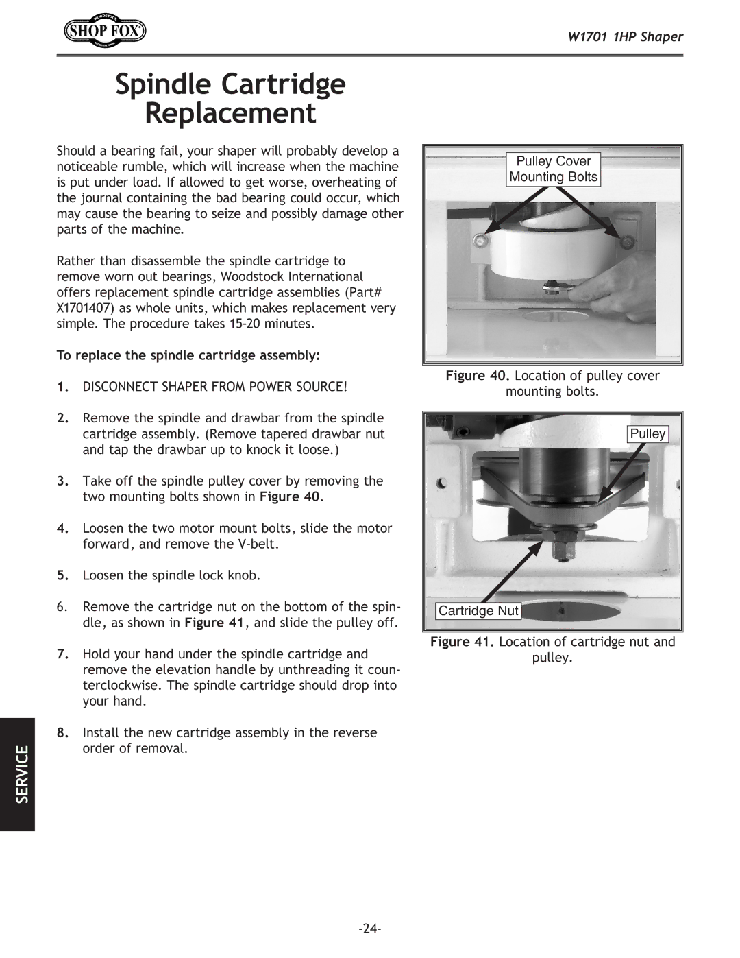 Woodstock W1701 owner manual Spindle Cartridge Replacement, To replace the spindle cartridge assembly 