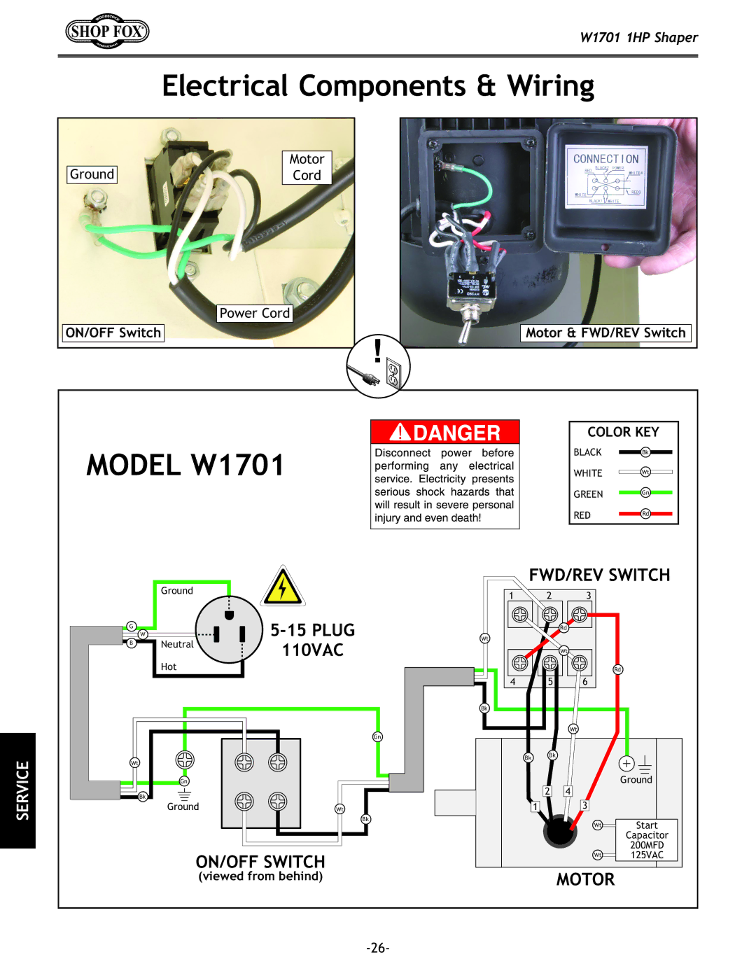 Woodstock W1701 owner manual Electrical Components & Wiring, ON/OFF Switch Motor & FWD/REV Switch 