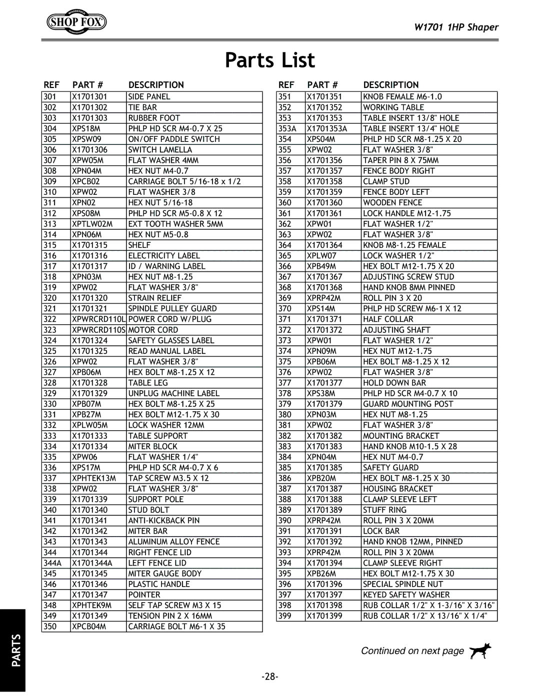 Woodstock W1701 owner manual Parts List, PART# Description 