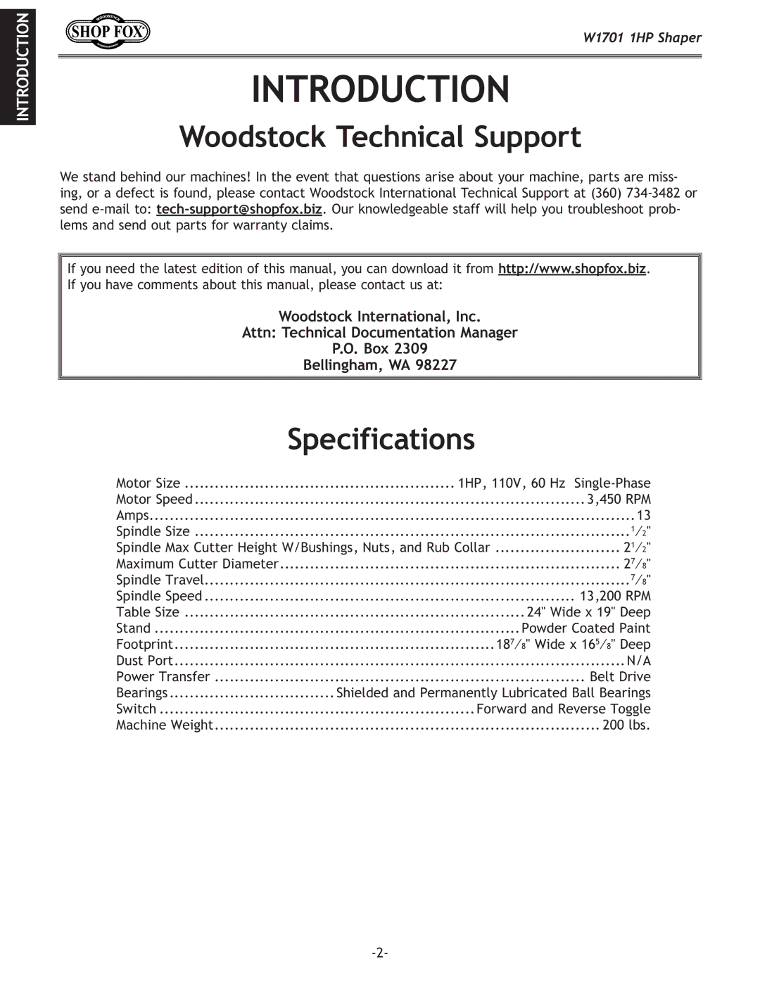 Woodstock W1701 owner manual Introduction, Woodstock Technical Support, Specifications 